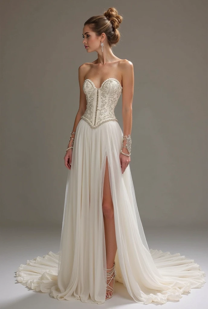 1 woman blonde, palpebra dupla, pele fina, detalhe realista, full hd, 8k, Silk Gown, Silk Satin bias cut Wrap Gown. Beautiful delicate Leavers lace is appliqued all around the bodice and down both fronts of the wide flowing skirt. The same lace cut narrow is appliqued around the waistline, fastening with a ribbon inside and a wide satin tie on the side. Shown here in Coral with Ivory/ Coral lace. --auto