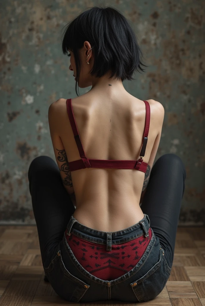 "Naked Lingerie Suspender" scarlett johansson ((Hairstyle is shaved head, skinhead)), (Malaysia female), age 15 years old, 8K, photottorialism, G-String, jail backround