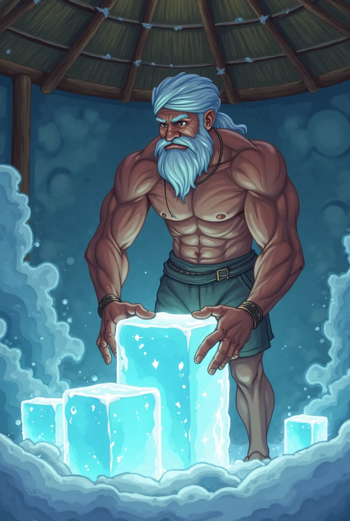 muscular old man make a bonfire in middle of forest, night, moon light, smoke, muscular, detailed muscle
