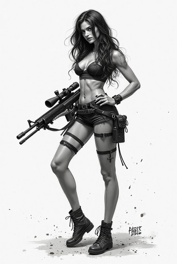 creat a girl holding one gun with both the two hands in front of the camera, pointing at telespectator, black and white, fine sketch, style of pop art, she wearing a black gloves, thin black panties and thin black bra, she's got a choke in the neck, skinny, style of andy warlhol, pulp, black and white, very fine sketch, blonde, tall, sexy, big breasts