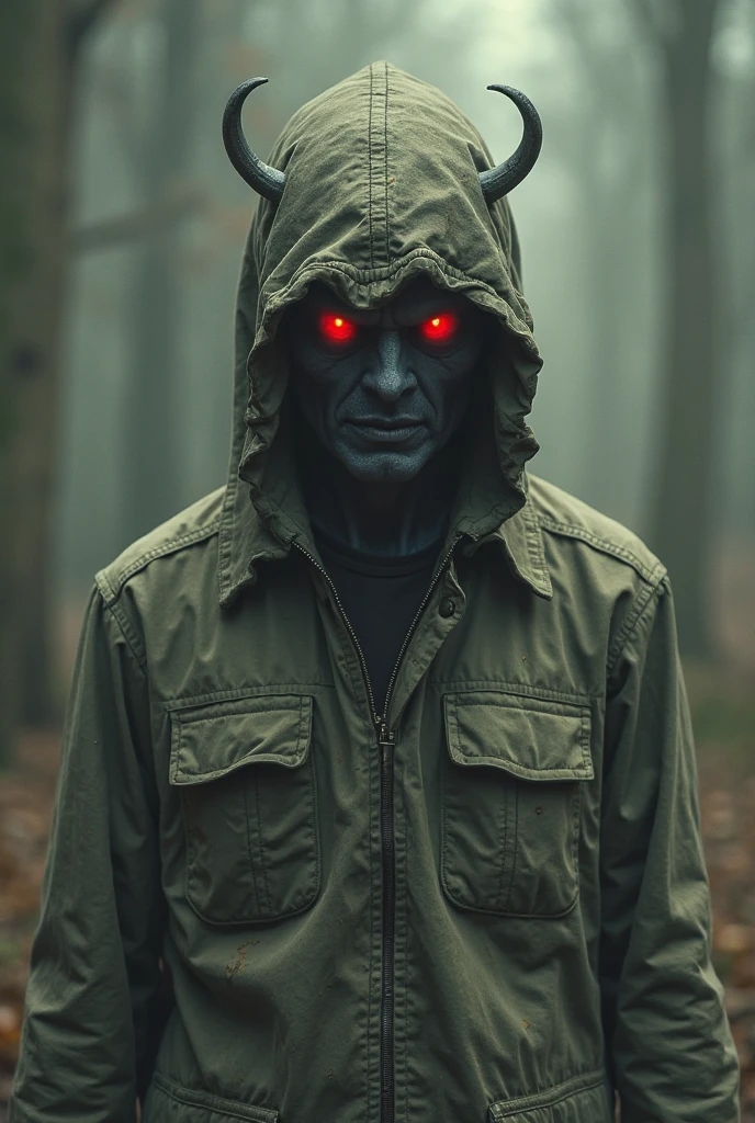 A man with bright white eyes,that has blue pants,blue hair and a yellow streak,and that it is in a foggy forest and that the eyes are noticeable