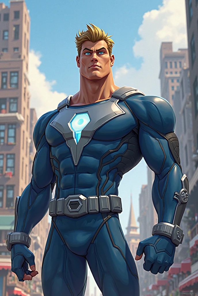 do it in anime style, a superhero who uses scraps as gauntlets on both hands, his characteristics are: he tall, a well-built physique, he has a quiff and wears a black uniform with blue details and a blue L symbol in the middle of his chest