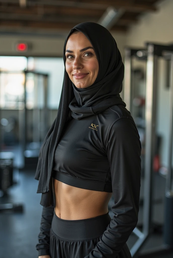 Malay girl in hijab wear shirt and high waist leggings in gym, seating, wear back pack, front view, detail skin, detail skin texture, mole below eyes, small breast, big hip, big waist, big thigh, slim abs, beautiful body, evening, laughing, happy, bright lighting, blur background, bokeh.hyper realistic picture. super realistic picture. 8k hd photo