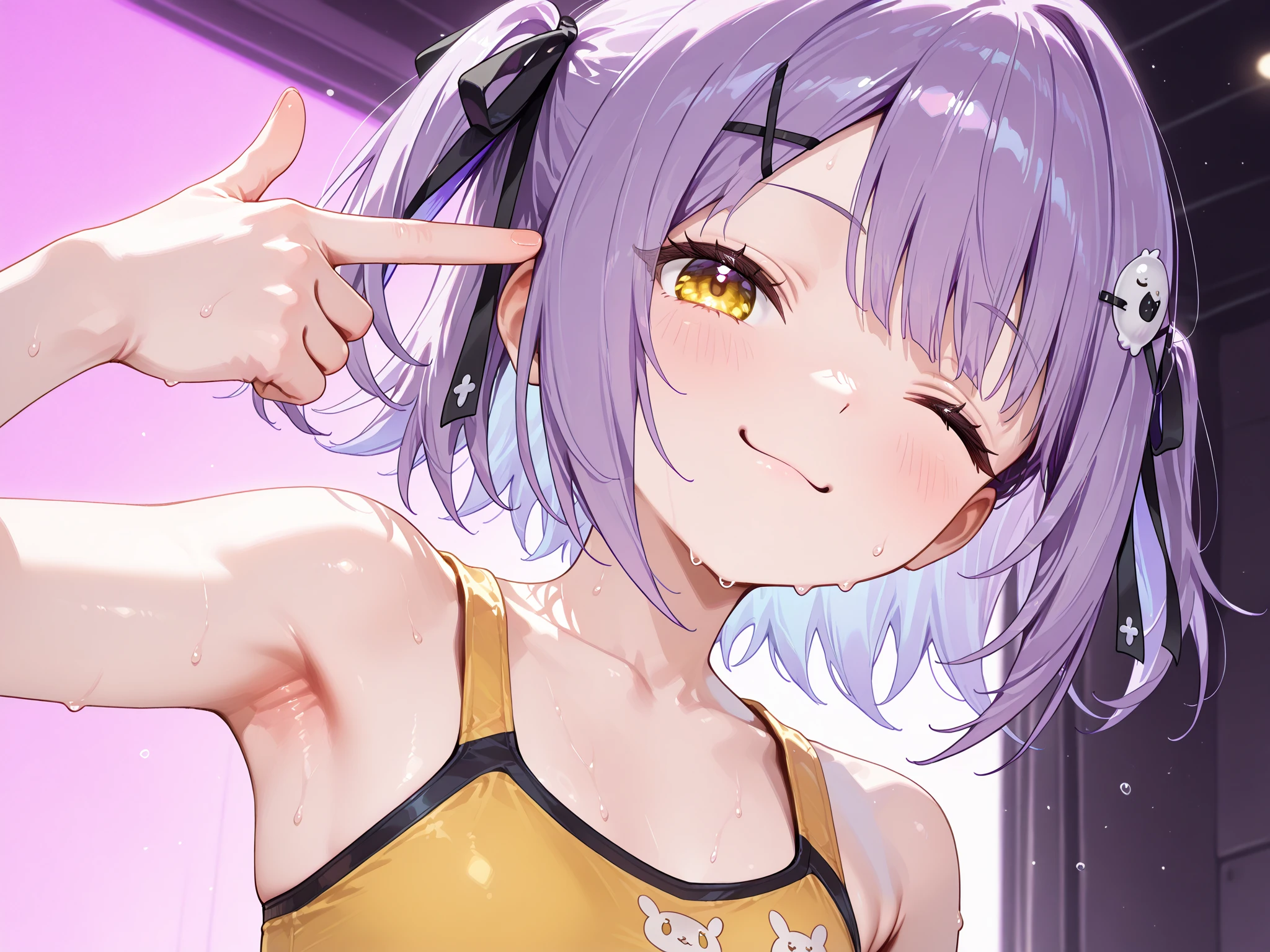 Close-up of a woman in a yellow and white outfit、1 girl、Shortcuts、Gray Hair、She is 16 years old、Brown Skin、Wearing a white bikini、Beautiful brown eyes、Lean and muscular body、barefoot、Colorful Bracelets、Colorful anklets、Laugh brightly、Dance cheerfully、Upper body close-up