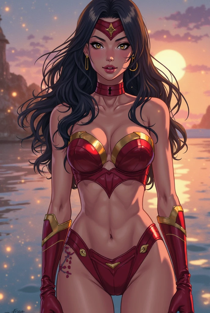 a beautiful woman in a swimsuit, dynamic superheroine, full body, highly detailed facial features, piercing eyes, long eyelashes, full lips, sharp nose, mesmerizing expression, graceful pose, muscular toned body, flowing hair, intricate swimsuit design, (((radiant red glowing skin))), black hair, dramatic lighting, cinematic atmosphere, vibrant colors, photorealistic, 8k, best quality, masterpiece
