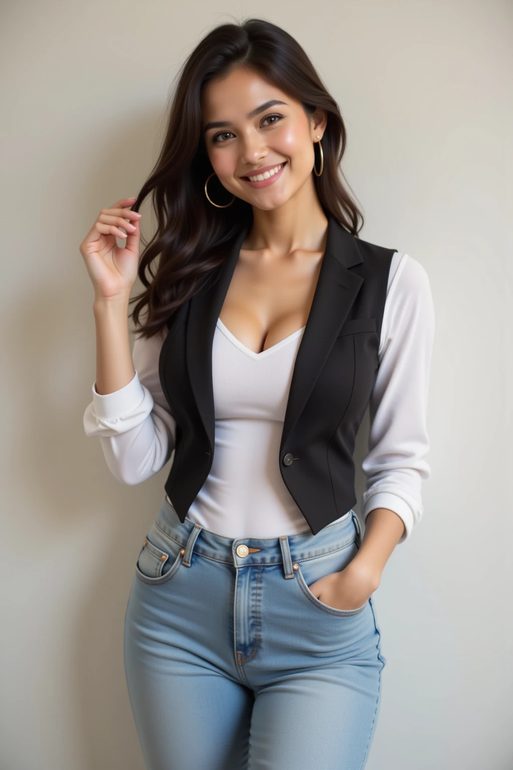 Carly Rose Sonenclar wearing a sleeveless shirt with underbust neckline and smiling