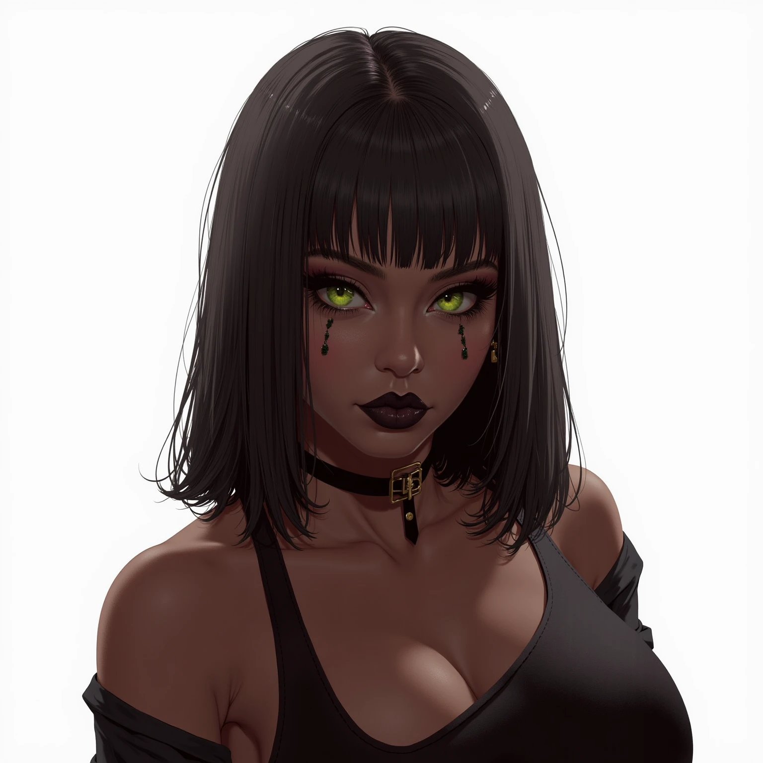 work of art, high qualiy, (Dark-skinned girl), Gothic, portraite, Kale, piercings, bedroom background, spots on the face, clear green eyes, studio lighting, 