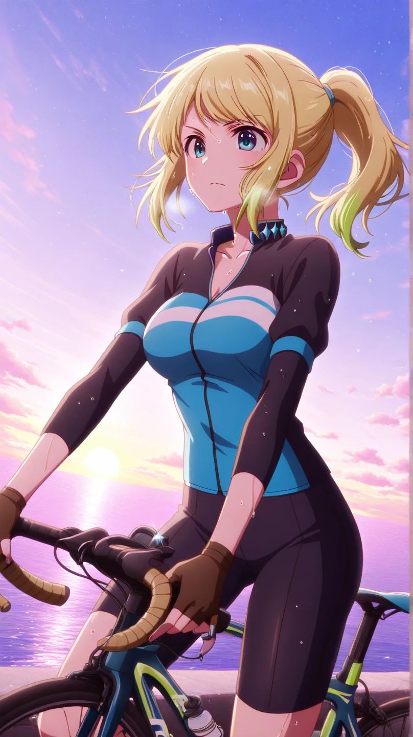 KANZAKIMIKOTO, BLONDE HAIR, ponytail, HAIR INTAKES, parted bangs, long hair, green eyes, mole under eye, 15years old,, large breasts,, Riding a bike through the sky, solo nsfw naked early morning