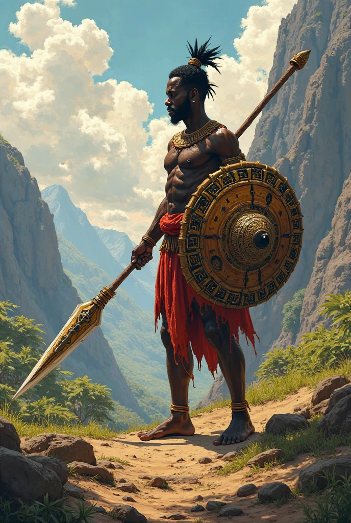 Ngungunhane in full battle gear including leopard skin shield, spear and traditional. He is at the forefront, exuding leadership and determination. Her attire includes intricate leopard skin and a feathered headdress. The backdrop is a dynamic battlefield.