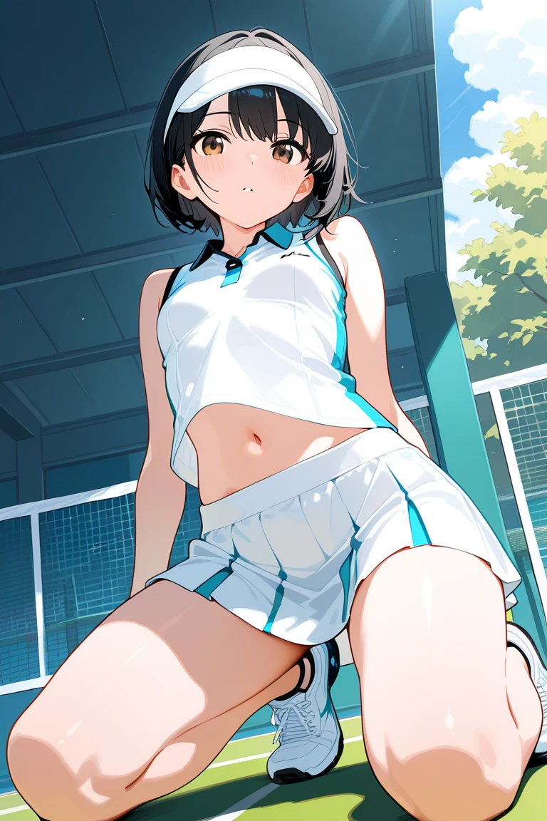 (((1girl))), ((best quality)), ((masterpiece)), ((ultra-detailed)), (illustration), (detailed light), (an extremely delicate and beautiful), (beautiful detailed eyes), (sunlight), ((extremely light)),  ((extremely clothes)), (((hyper detail)))

(((gym uniform))),
,

short bob, ((((black hair)))),  ((lshort hair)),
(((crystal black eyes))), 

(((whole body))), aged 13 to 16, 
(((extra adorable))), (((extra slender shape))), 
(((extremely beautiful detailed face))),
(mischievous smile with sexual satisfaction),  (adorable smile),
(((condescending expression))),

(((squatting in the school gym))), (((((Dutch angle))))),

((())), ((from below)),
(((extremely thin thighs))), (((white socks)))
