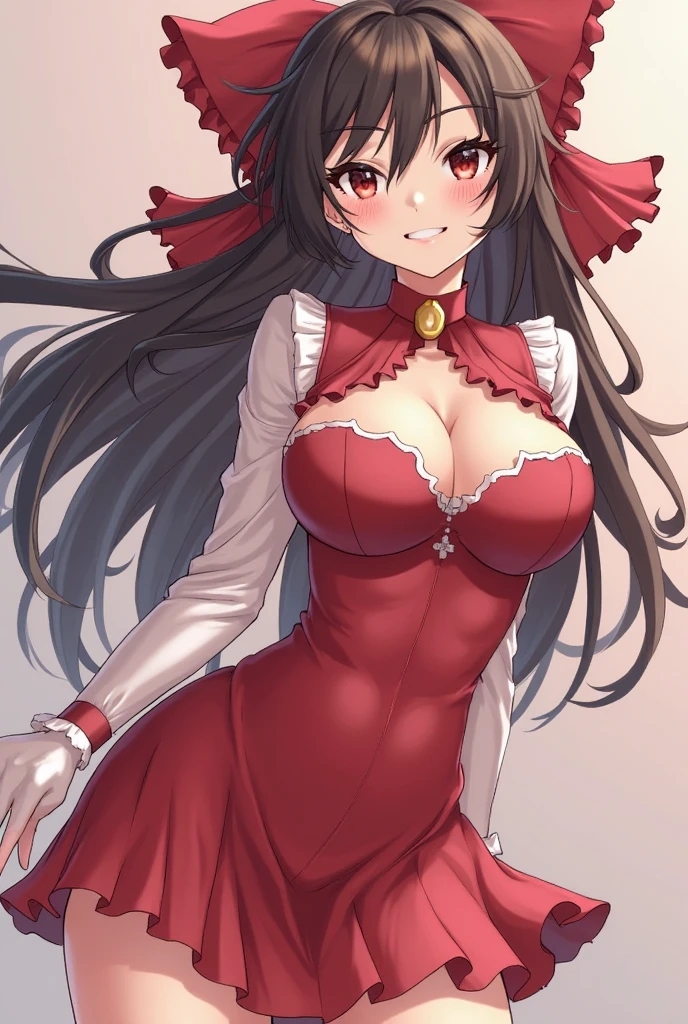 Highest quality, shape, Very detailed, In detail, High resolution, 8k wallpaper, Perfect dynamic composition, Beautiful details, Center of chest, Natural color lip, Random sexy poses,smile,20-year-old girl,Huge , A woman with long wavy brown hair wearing a red dress and a black apron
