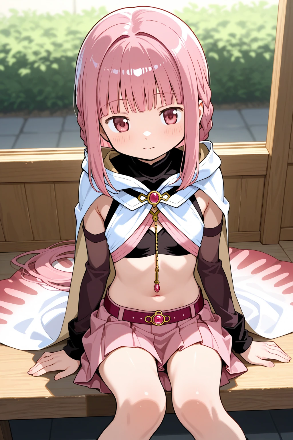 1girl, solo, masterpiece, best quality,
<lora:iroha-madomagi:0.8>,
hood, hood up, bodystocking, gloves, black gloves, magia record: mahou shoujo madoka magica gaiden, iroha tamaki, tamaki iroha, pink eyes, tareme, pink hair, long hair, braid, frentch braid, half updo, braided ponytail, blunt bangs, hair intakes, blunt ends, sidelocks, magical girl, cloak, white cloak, hooded cloak, medium breasts, covered navel, belt, pink belt, skirt, pink skirt, miniskirt, pleated skirt, boots, black footwear, cross-laced footwear, breasts,
wariza, sitting, hands on lap, from above, looking up, looking at viewer,
blush, nose blush, embarrassed,
indoors, wooden floor