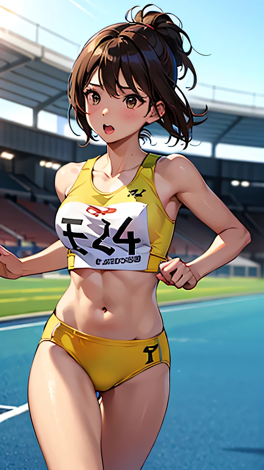 rikujou, umamusume, multiple girls, (masterpiece, high quality), mature female,horse ears, (horse tail:1.1), track and field, Confetti, happy, hands up,v