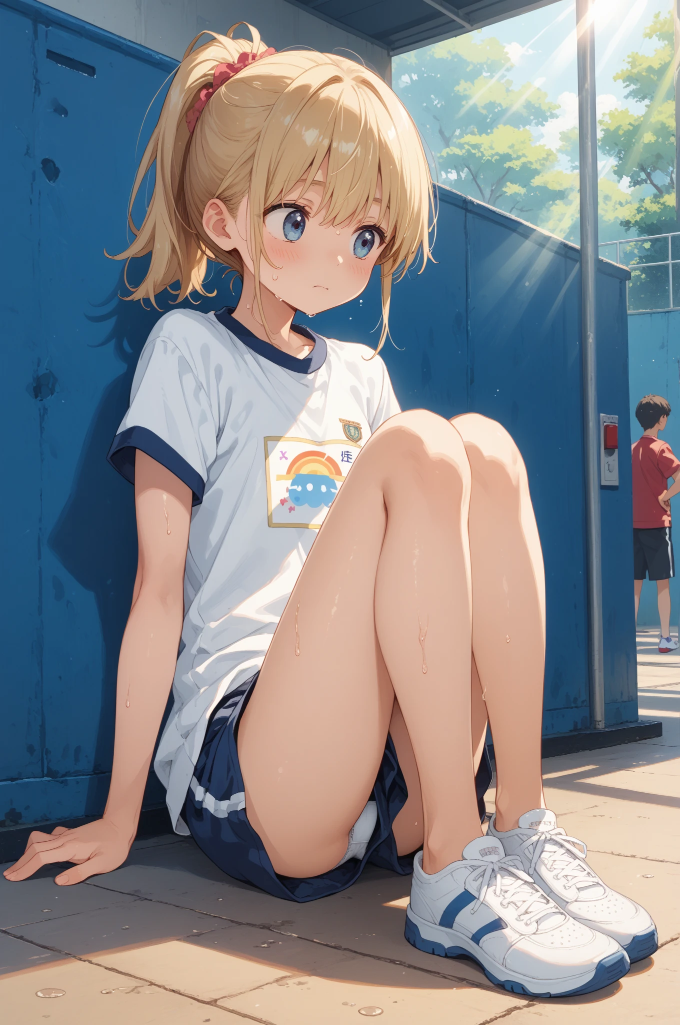 (masterpiece:1.2), best quality, high resolution, unity 8k wallpaper, (illustration:0.8), (beautiful detailed eyes:1.6), extremely detailed face, perfect lighting, extremely detailed CG, (kinomoto sakura, green eyes, two side up, short stature, small breast, solo,), sitting, spread legs, no bra, show off nipple, nipple, gym clothes, bloomers, very torn clothes, open-breast clothes, vagina, gleaming skin, moist skin, embarrassed, open mouth, noon, athletic field, front view, looking at viewer, troubled face,
