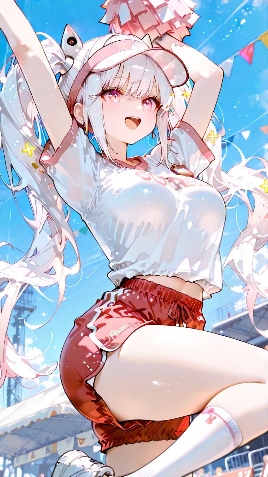 (Superflat, Flat Shading, flat-colors:1.1)、(Magazine Cover)、(Multiple girls)、Illustrations、((Lori、Petite、flat chested、A 12-year-old girl))、White skin and beautiful appearance、white wavy hair、Red eyes、Petite、striped crop top、Children's Printed Panties、Smile、Bottom、from behind、colorful stockings、Volumetric lighting、Soft light、Bright、neons、Vibrant colors、watercolor paiting、