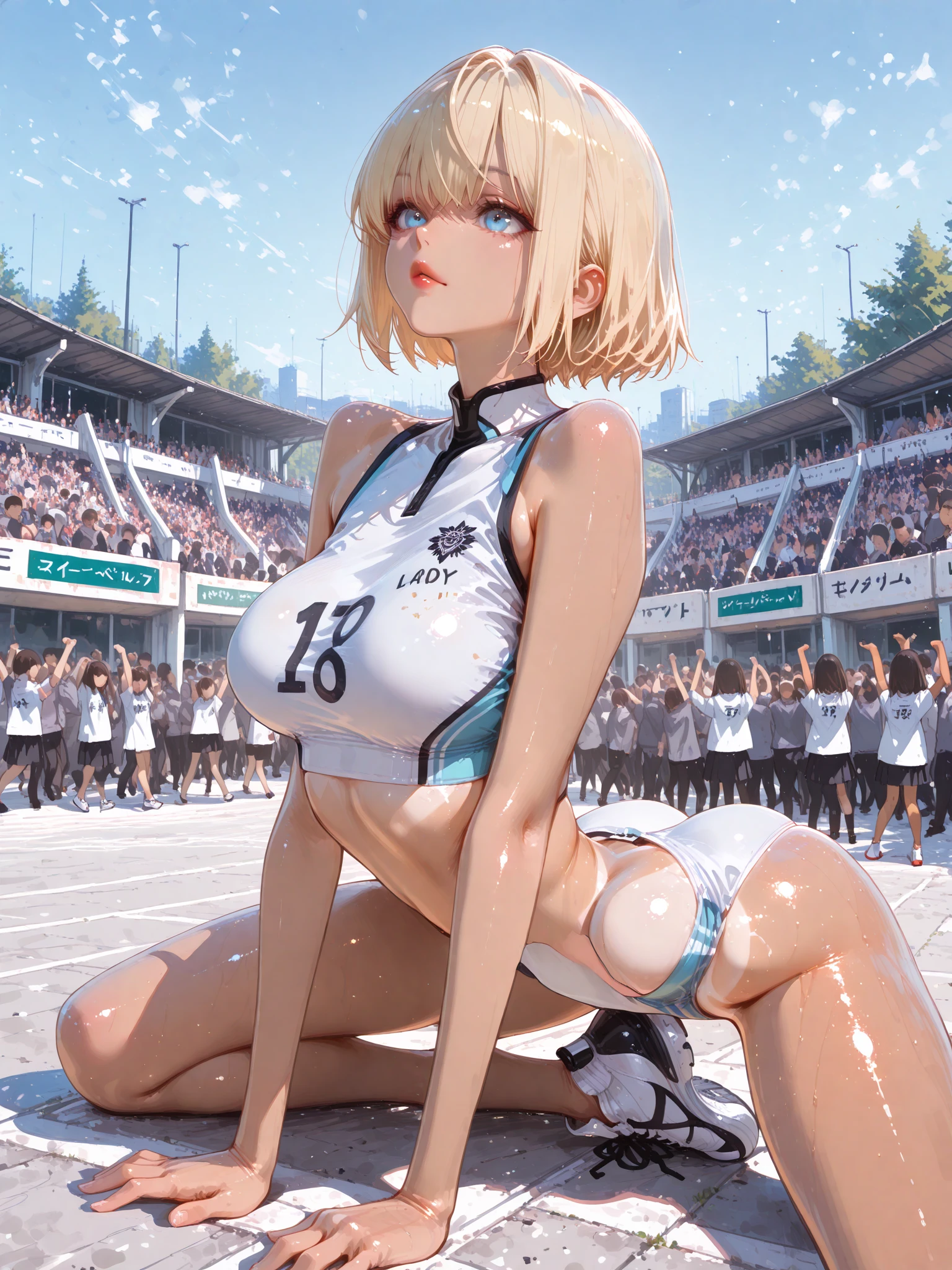 1girl, beautiful girl, cute girl and idol face, young face, smile, white skin, short hair, bob cut hair, silver hair, antenna hair, shiny hair, shiny skin green eyes, beautiful eyes, medium breasts, White leotard, thong, see-through, nipples through, indoor stadium, rhythmic sports gymnastics,
