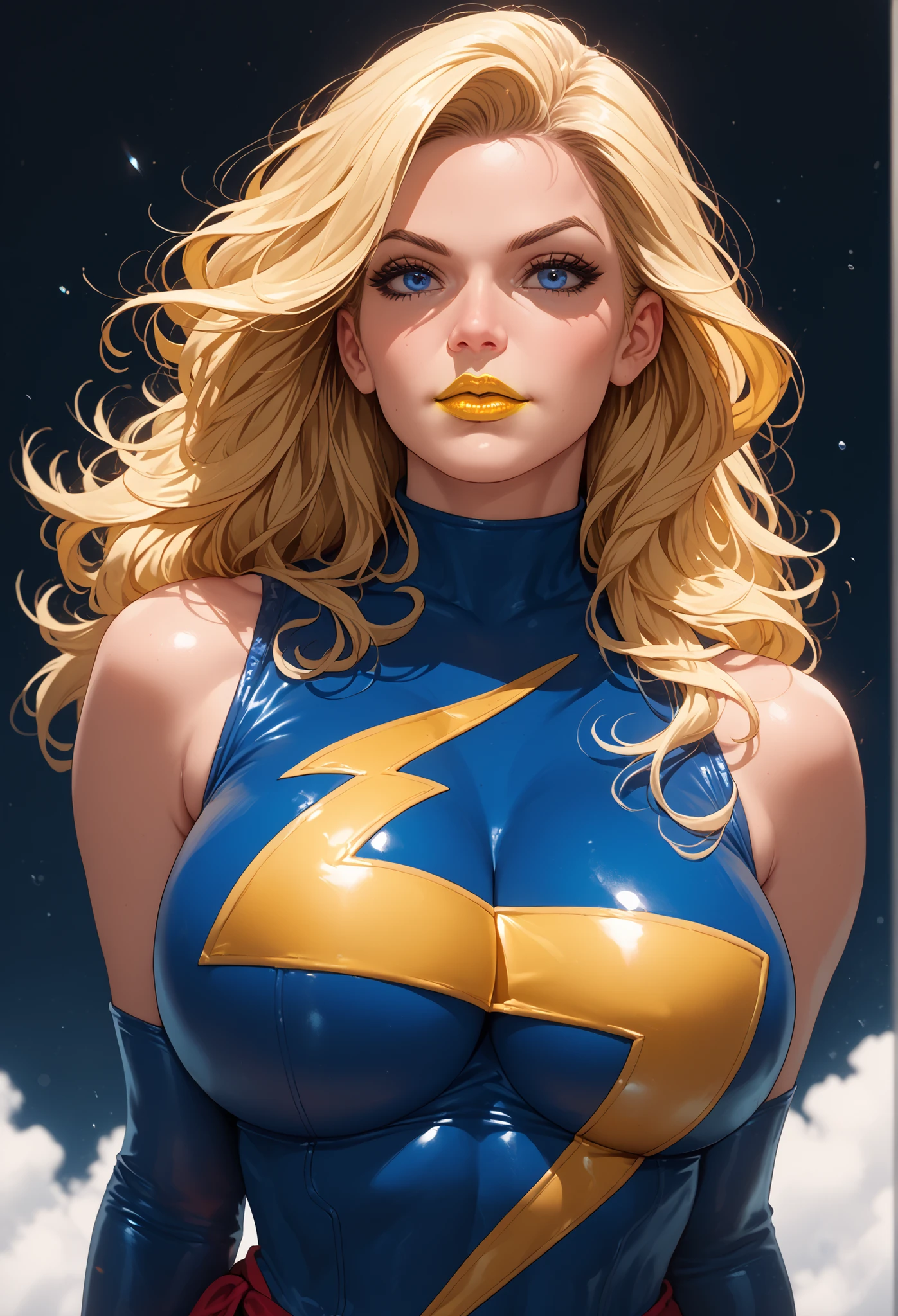 Women, blond hair, blue eyes, piel blanca, Big breasts, Miss Marvel, yellow lipstick, of the rays of God