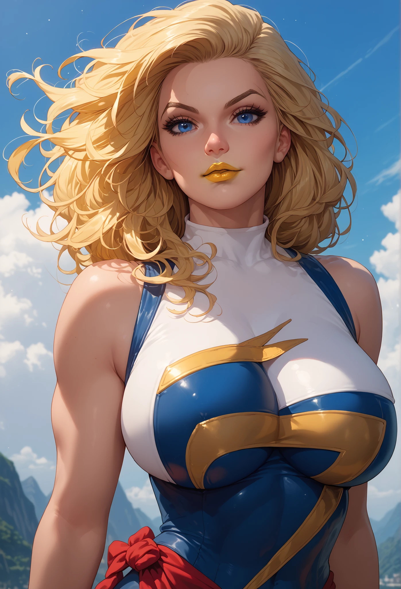 Women, blond hair, blue eyes, piel blanca, Big breasts, Miss Marvel, yellow lipstick, of the rays of God
