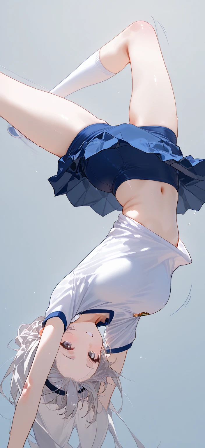masterpiece, Navy school swimsuit, Blonde twin tails, Sunburned skin,Standing Split, Lift your legs,Leg lift,Standing on one leg,
