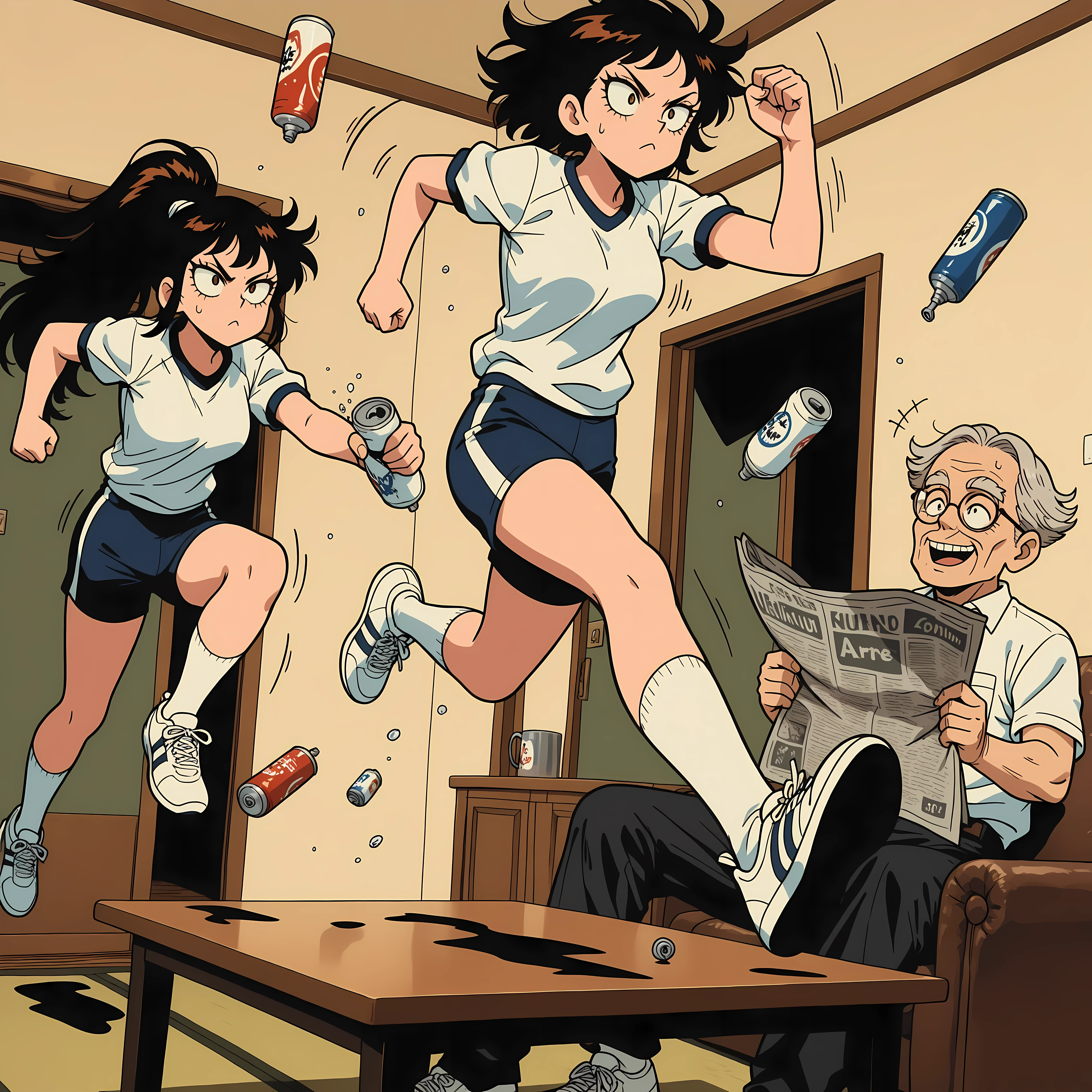 MischiefToon,Anime style illustration, retro style, flat color tone, thick lines, dynamic illustration, game illustration.
**"Female Sports Festival: Living Room Leap"**: In a **retro, "yankee" (delinquent) town**, a chaotic **cross-country race** is in full swing. Two **tough-looking female delinquents**, with **sharp, upward-slanting eyes**, are fiercely contending, sprinting right through a residential house. The scene captures the exact moment they **jump off a chabudai (low Japanese table)**, sending everyday items flying. They are dressed in **short-sleeved, short-pants gym uniforms**, complete with **socks and shoes**. In the foreground, or slightly to the side, a **skinhead old man with glasses** looks up from his newspaper, utterly bewildered by the intrusion. The composition is **dynamic**, emphasizing the mid-air action and the absurdity of the situation.

**Character Details:** *Two tough-looking female delinquents, sharp upward-slanting eyes, fiercely contending, short-sleeved short-pants gym uniforms, socks, shoes. Skinhead old man with glasses, bewildered.*
**Action & Setting:** *Chaotic cross-country race, sprinting through residential house, jumping off chabudai, sending items flying, retro "yankee" (delinquent) town.*
**Artistic Style:** *Anime style, retro style, flat color tone, thick lines, dynamic illustration, game illustration.*
**Composition:** *Emphasizes mid-air action and absurdity.*