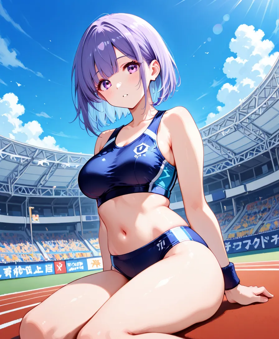 (((nsfw))), Olympic, Olympia,sexy, kochou shinobu, whole body, Uplifting, lure, Ultra-realistic 8K CG,masterpiece,Top view,Looking up, Run at full speed, Expose Underbust, Sports towel, Look at the goal, ((Highly detailed background,Delicate pattern,Intricate details, Detailed and beautiful eyes)),The best quality in the best condition,とてもとてもとても詳細なface,(((Stadium, Arena))),, (((笑face))), , , Highly detailed eyesとface,Highly detailed eyes,kochou shinobu,Multicolored Hair,No bangs,Hair Intake,Track and field uniforms, Purple eyes,Haori,butterfly,band,(熱band庭園:1.2),Purple Flower,mostly cloudy null,Light of the sun,Tyndall effect,slope_null,face,beautiful null,,lure的な姿勢,(Mid-chest:1.3),(Athletics Costumes:1.6), Cleavage