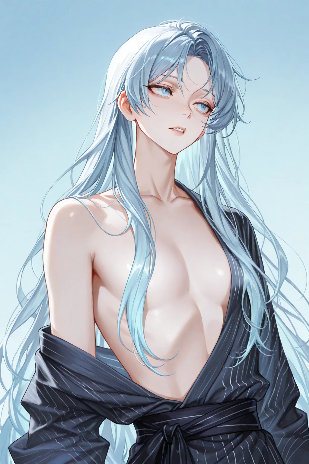 {{{{amazing quality, great quality, high quality, very aesthetic, aesthetic, best quality}}}}, 
realistic, photo, shadow, Three-dimensional, absurdres, Digital art, 
{{{{Magical girl}}}}, beautiful girl, one girl, 
light blue hair, long straight hair, hair, trimmed hair, shiny hair, blunt bangs, short sideburns, 
brown eyes, tareme, 
{{flat chest}}, {{small breasts}}, {{detailed body}}, slim thighs, thin thighs, white kimono, yellow kimono obi, skull-shaped hair ornament, No panties, no bra, , 