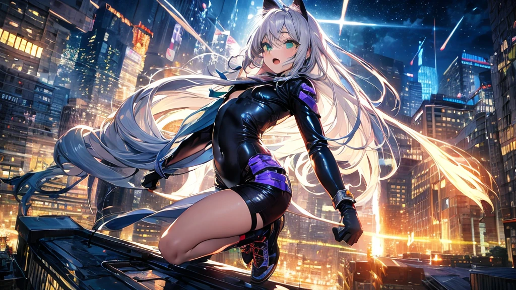 {{masterpiece}}, best quality, extremely detailed CG unity 8k wallpaper, cinematic lighting, lens flare, beautiful detail eyes, black,  side glance,  multicolor short white hair, colorful light, particles, heterochromia, (colorful:1.5), (colorful hair:1.5), show body goal, swimsuit, rooftop view, night,