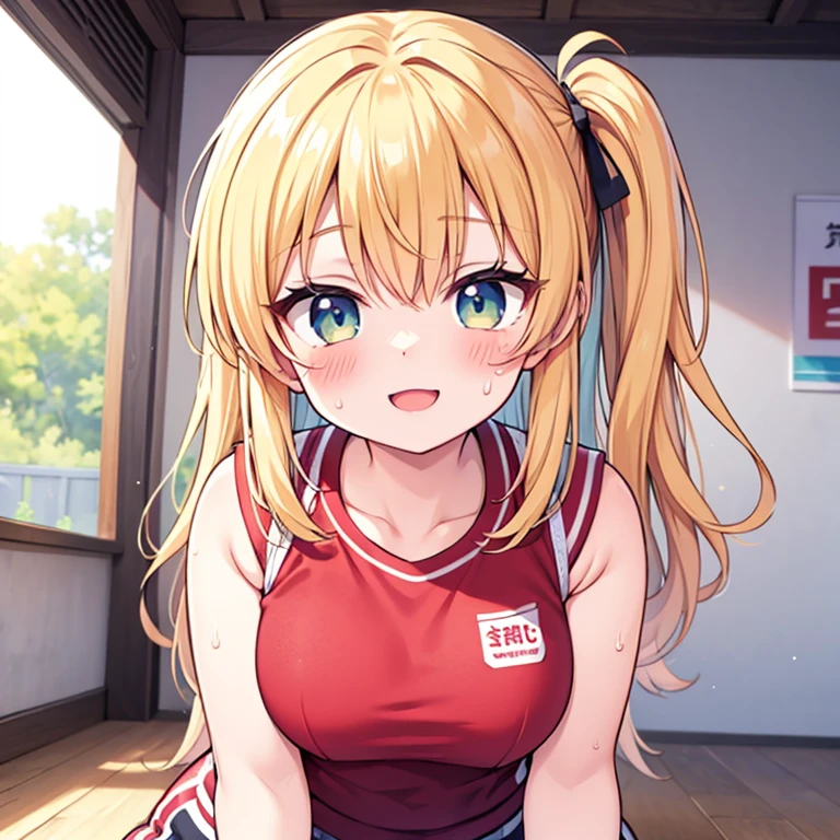 anime cg, highresolution, cute , smile, trainingroom, (RED Ribbon on HAIRband:1.2),Blonde hair, pink gradient sports wear, pink gradient highleg gymwear, squatting