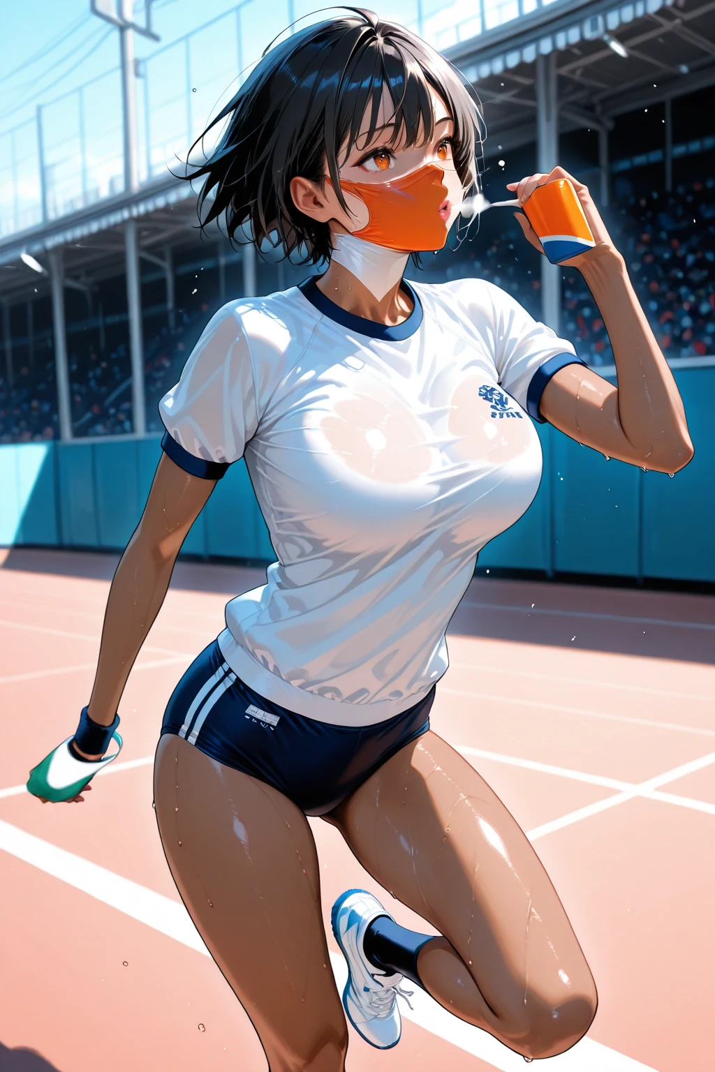 Highest quality,Highest Resolution,A beautiful girl in gym clothes crying at the stadium,High leg bloomers,Big Breasts,Transparent nipples,Belly button,Abdominal muscles,Muscular,Short Bob,sunny,whole body,sweat profusely,Open your mouth and drool,Drinking a bottle of drink,