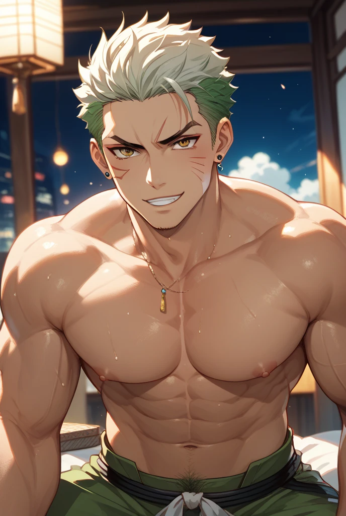 1man, mature guy in ail-soft style, dandy president, (olive moss hair), deepblue eyes, arafed spiky hair slicked back, ideal ratio body proportions, BREAK over 30s, elder producer, toned dilettante, high cheekbones, broad shoulder, square shaped face, handsome, beautiful detailed eyes, under 40s, beige skin CEO, BREAK 2000s, old hentai CG, in Ribahara Aki style, BREAK black swim bikini, topless, off shot, male nipples, abs, thigh, small bulge, BREAK solo, fullbody, cool smile, smart emotion, sexy posing, looking side, seaside, from side, detailed back ground, BREAK depth of field, dutch angle, cinematic shadows, cinematic lighting, lens flare, light leaks, texture, absurdres absolutely resolution, extreme all detailed, greatest paint, BREAK masterpiece, best quality, BREAK score_9, score_8_up, score_7_up, source_anime, rating_safe, score_6_up, score_5_up, score_4_up