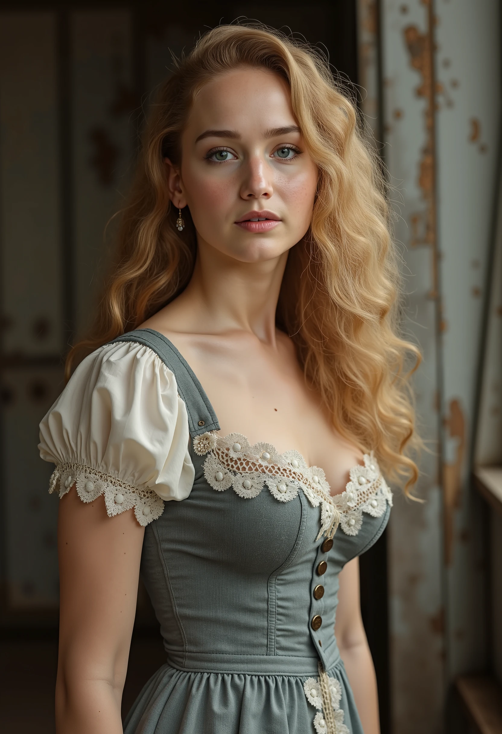 Jennifer Lawrence as young girl from the anos 50, Ultra fino, curly and long hair , 19anos 50, moda antiga, tight clothing from 1950, anos 50, at a farm located in Ukraine, pale skin Ultra fino high detailed, foto antiga, film grain, peitos grandes