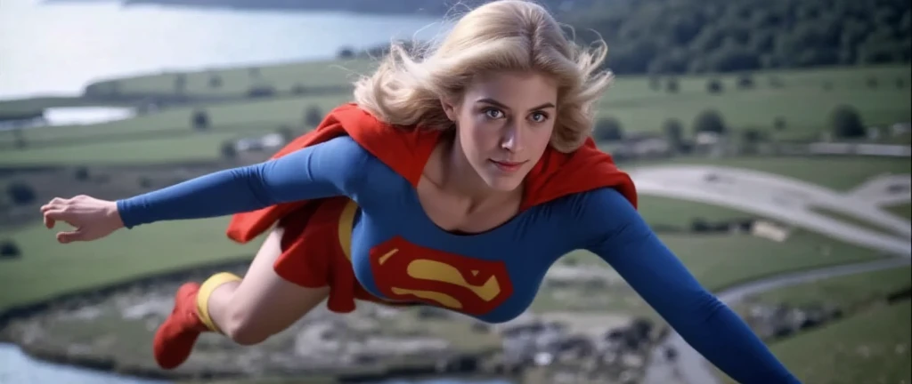 Super sarcastic smile (powerful; trusting; higher) 2007 (((Woman defined body strong and firm large breasts; Supergirl 1984s costume dress- black uniform))) as Supergirl(((Filme da Supergirl de 2007 de Lorraine Bracco))); floating in mid - air.