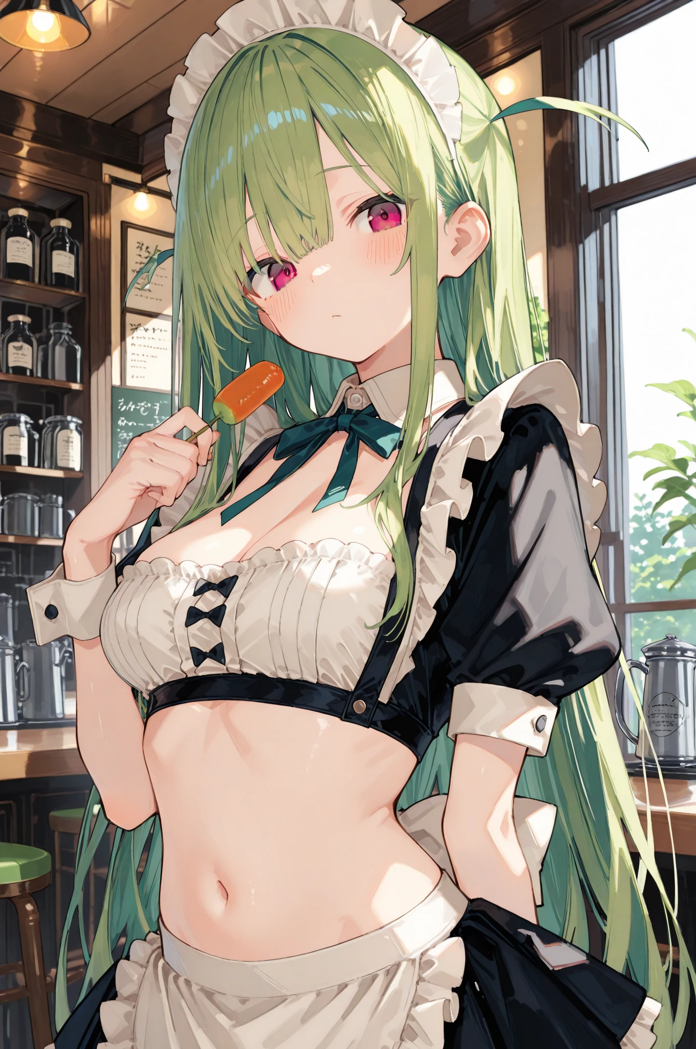 masterpiece, best quality, (monochrome:0.7),(highres), original, extremely detailed 8K wallpaper,
///////////////////
1girl, swimsuit, bikini, solo, blue tongue, colored tongue, long hair, apron, bikini top only, gloves, piercing, pink hair, breasts, black bikini, open mouth, maid headdress, multicolored hair, ear piercing, smile, waist apron, looking at viewer, glasses, pink eyes, green hair, maid apron, elbow gloves, jewelry, earrings, detached sleeves, bangs, blonde hair, simple background, purple eyes, upper body, maid, detached collar, bare shoulders ,sky, cloud, scenery, shop, outdoors, day, convenience store, blue sky, vending machine, building, tree, sign, road, cloudy sky, lamppost
///////////
////////<lora:ABXL128dim-000106:1>