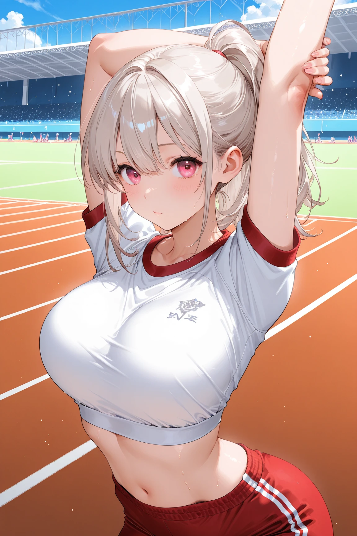 1 girl,gym_uniform,White,White shirt,masterpiece, best quality, very aesthetic, absurdres,breasts,tight skin,(impossible shirt),(impossible),buruma,