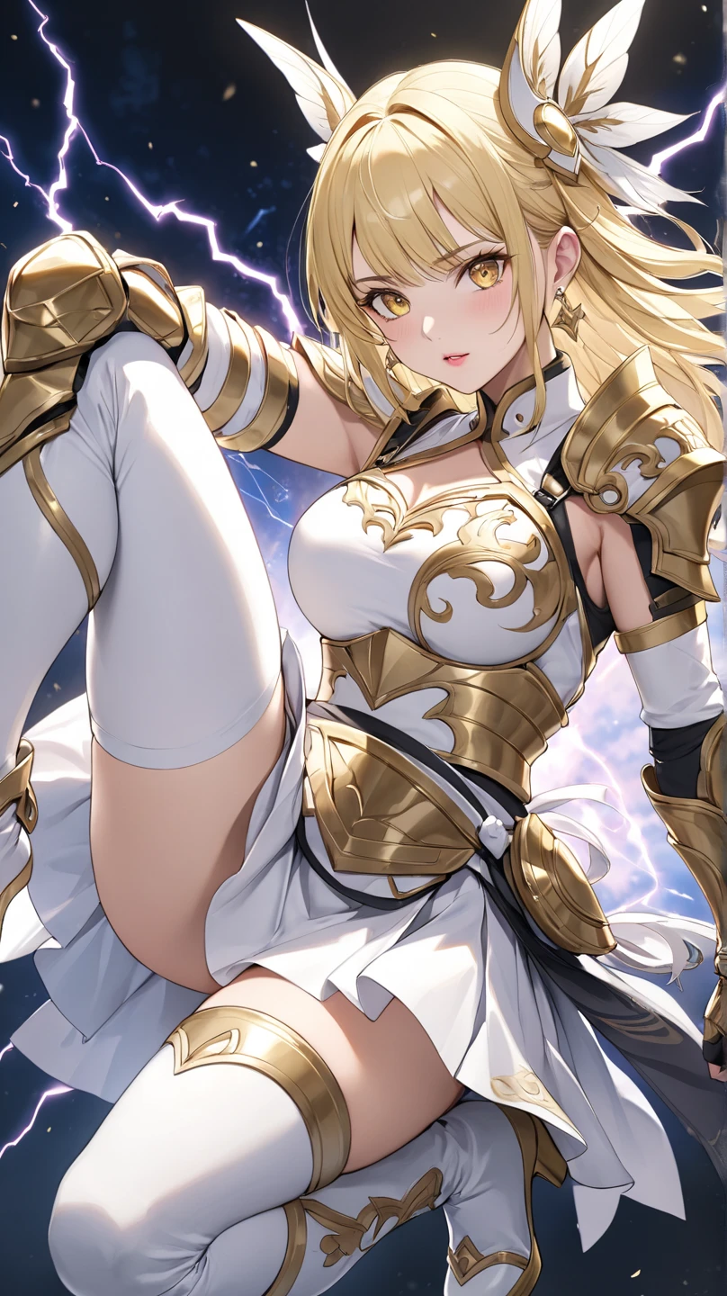 (Perfect Anatomy)、Mastepiece、Ultra High Quality、 8K、masterpiece、Highest quality、Ultra-high resolution、Maximum resolution、Very detailed、Professional Lighting、anime、woman、thin、so beautiful、Highly detailed eye、Highly detailed face、Golden earrings、Blonde, hair bun, Yellow Eyes、Mid-chest,Valkyrie armor, white open mini skirt , full body, gold pattern, white super long boots, white long gloves, female martial artist, high heels, white clawed gauntlets, white cute headgear, fighting stance, gold knee armor, glowing eyes, madeon, ((Spinning kick)), happy, spread arms