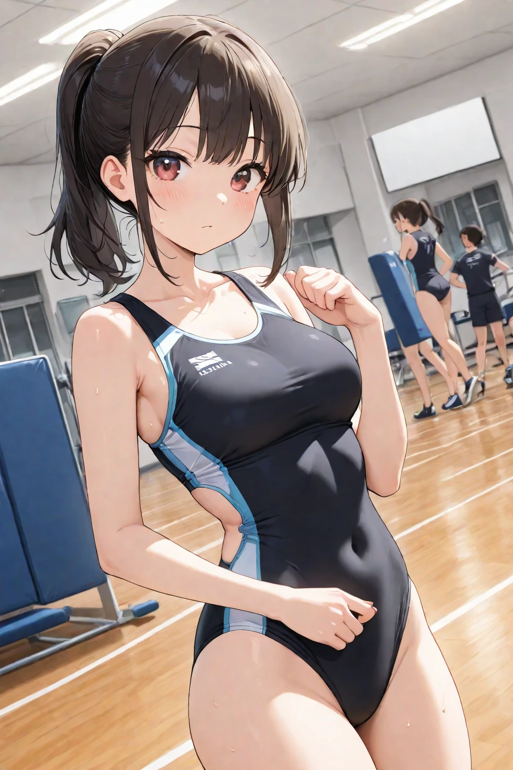 highest quality、one girl,full body figure、10 years old、perfect 5-fingered hands、two perfect legs、two perfect legs、Tachibana Arisu、 shy face、perfect thing、detailed description、small details、detailed face、erotic pose、brown_hair, long_hair, brown_eyes, bow, hair_bow, upper_body, blue_bow, closed_mouth, bangs、schoolswimsuit、classroom