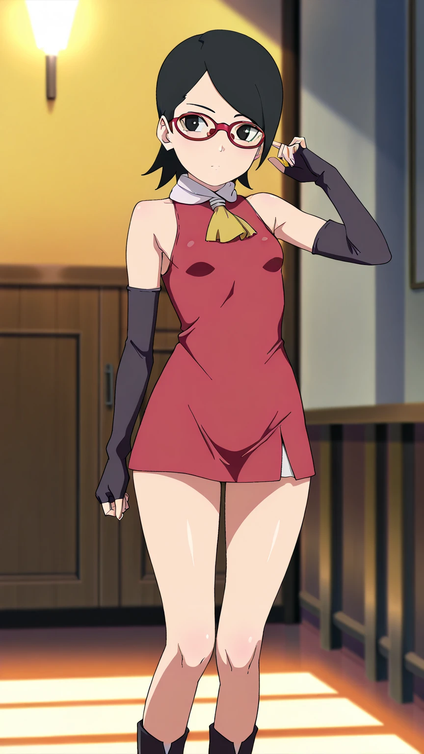 (masterpiece, best quality:1.2), highres, anime screencap, anime coloring, 1girl, solo, seductive smile,
Mrs_Nakagami, mature female, brown hair, short hair, short ponytail, parted bangs, bangs, forehead, brown eyes, hair ornament, small breasts, makeup, lips, lipstick,
BREAK chinese clothes, china dress, (black dress:1.2), side slit, sleeveless,
sitting on chair, (widely spread legs:1.2), (long pelvic curtain:1.1), arms up, hands behind head,
indoors, wooden chair, looking at viewer,
<lora:add_detail_CyberAlchemist:0.4>, <lora:GoodHands-beta2:0.8>, <lora:MrsNakagami-000010:1>