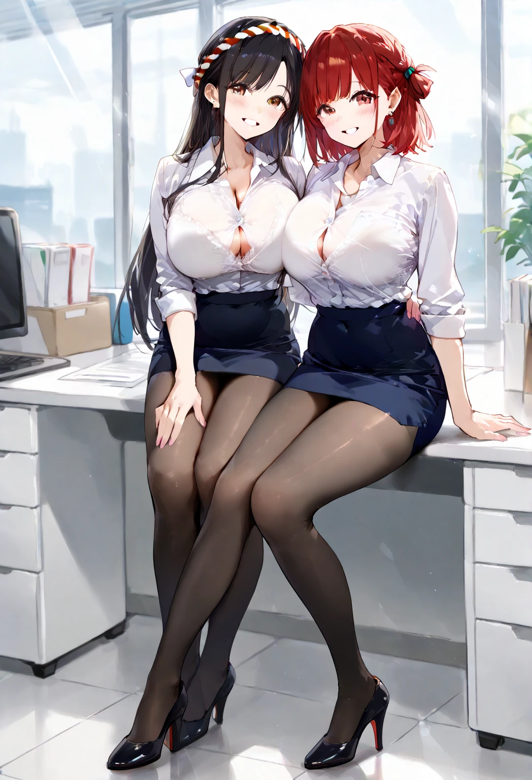 (8K ,hyper-detailing,ultra real photo,Best masterpiece,natural,Perfect artwork,Perfect female body),Two cute busty girls ,Pink hair,Pink gray hair,(Big tits),Brilliant and atmospheric office,office desk,Sofa chair,There is a computer on the table,notebooks,file bag,Gorgeous ladies office,,Wears black professional attire,sexy business attire,Built-in thong,The cracks are relatively large,stretch the meat,Raised sexy,Flirtatious,The kinky is exposed ,Full body photo