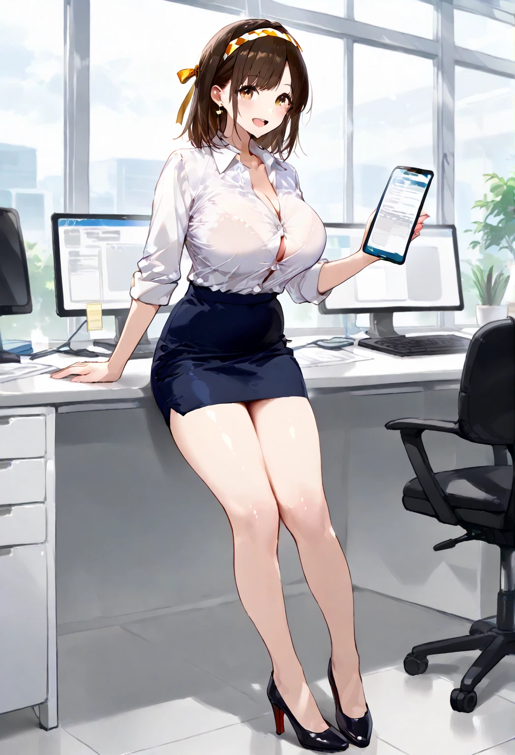 masterpiece, Highest quality, High resolution, (One Woman)、Brown Hair、Ponytail hairstyle、1990s \(style\),、(Big Breasts)、tall 、Slim figure、Beauty Office Lady、Black mini skirt、White sleeveless shirt、High heels、Black innerwear、Background in the office、Sulky expression、Disgust、sexy、Composition of sitting on a chair and looking up