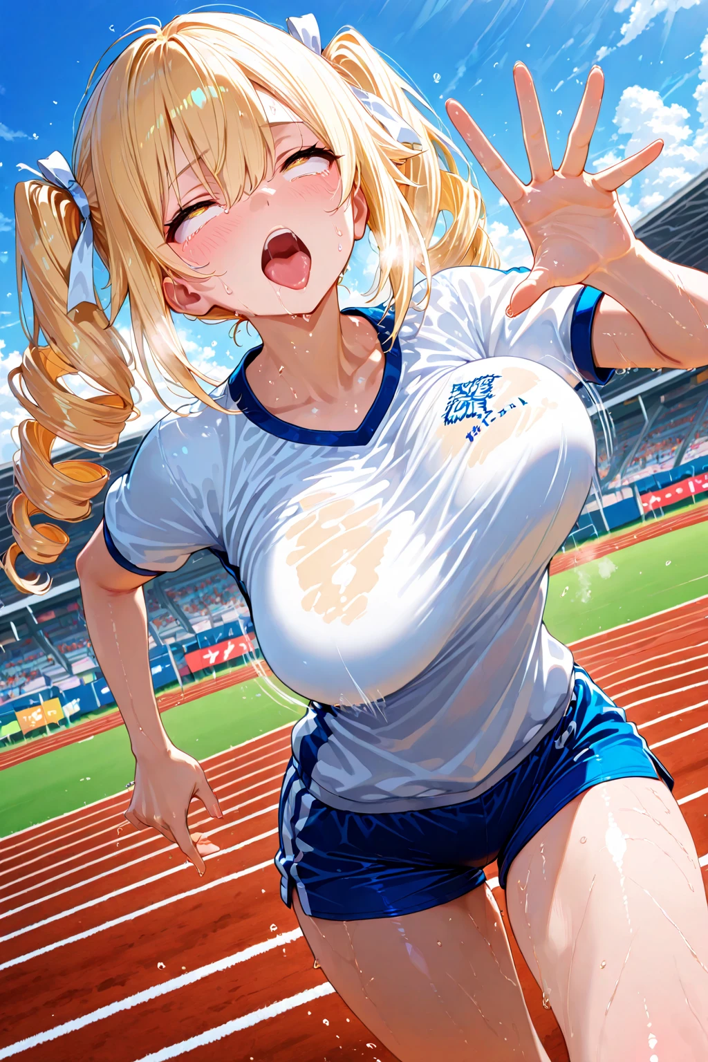 (ultra detailed:1.2),(ultra highres),(ultra quality),(masterpiece CG anime ), (dynamic angle, dynamic pose:1.2),(detailed eyes and Face),HDR, 748cmstyle ,perfect anatomy ,正確で詳細な指の数,美しく詳細な対比,光と影の美しく詳細な表現 sunny,Blue sky, ,sports festival , school track field,1girl, cowboy shot , spread fingers ,running,blonde hair,long hair,twin drills
, White hair ribbon,ahegao ,exhausted,golden eyes,open mouth,large breasts , bouncing breasts ,sweat,Steam, diverse athletic uniform ,wearing gym shirt, wearing Blue bloomers