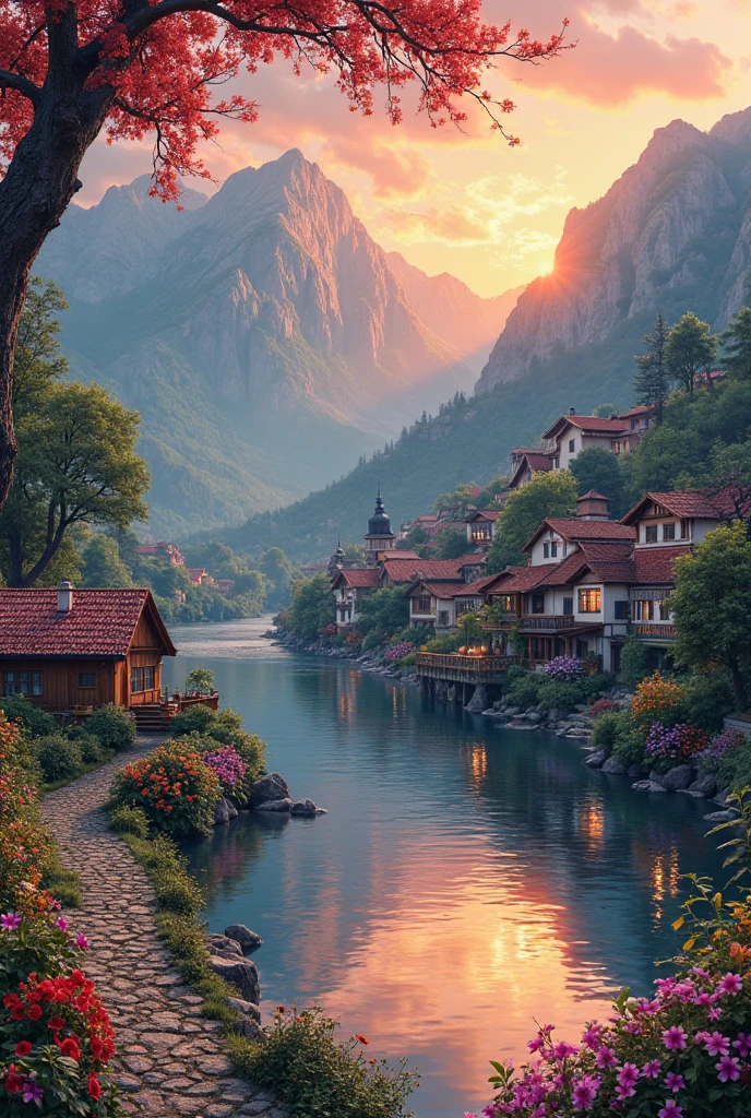 A small town by the river, mountains in the background, colorful flowers, detailed landscape, beautiful nature, atmospheric lighting, scorching sunset, warm colors, practical, photopractical, detailed foliage, complex buildings, cobblestone street, charming rural house, vibrant, swirling colors, greenery, reflections in the water, picturesque, idyllic, artwork, best quality, 8k, extremely detailed pointy natural breasts, striking anime style.