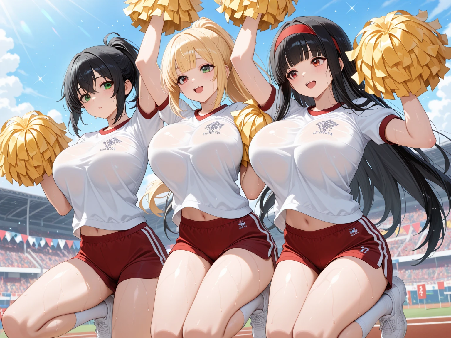 (8k, RAW photo, best quality, masterpiece:1.2),((3girls group, gigantic breasts,)) smile, cheerleader costume, cleavage,((camel toe,upskirt,)) looking at viewer, cheerleading for me, cowboy shot,