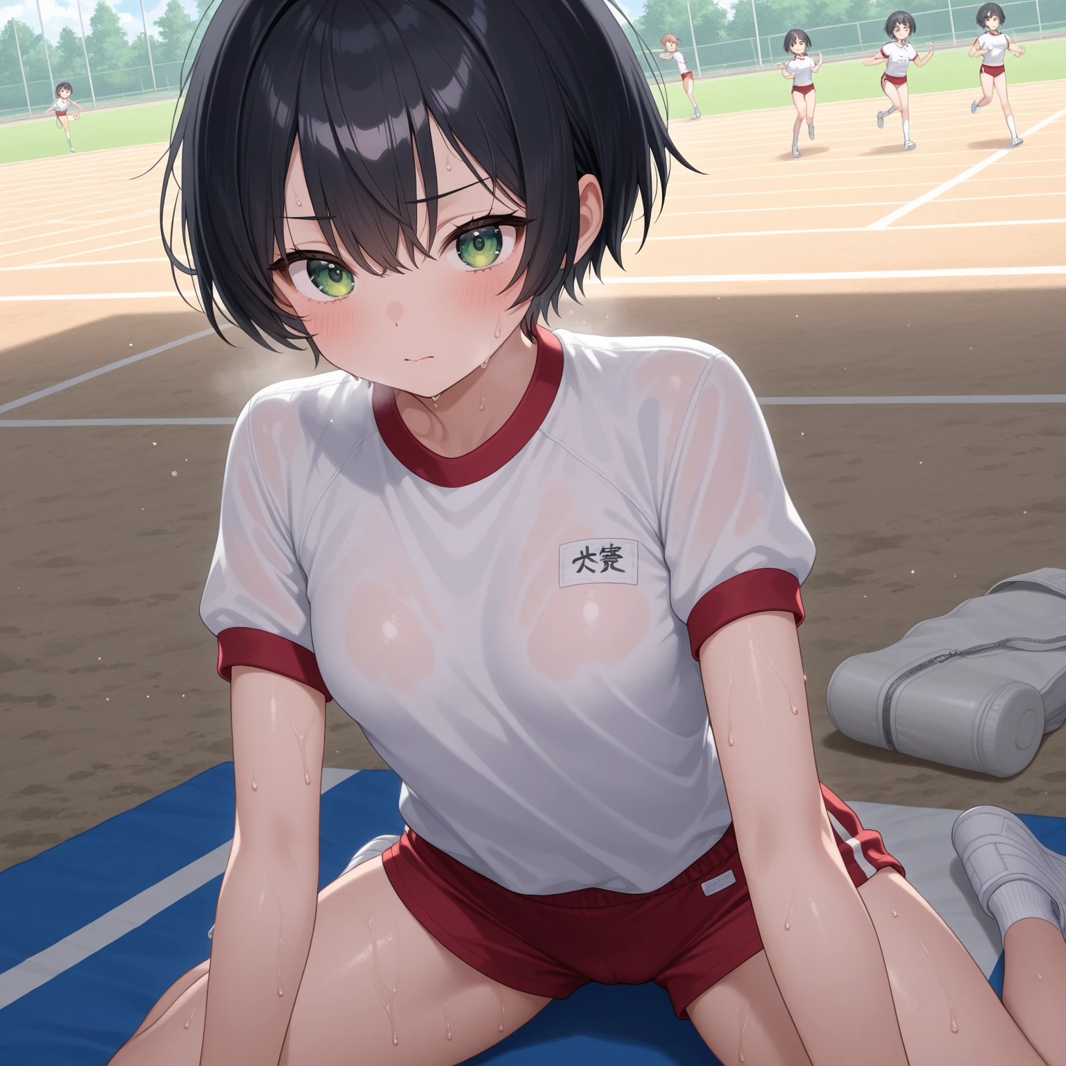 (perfect hands),(1 girl), brown bob hair,Little,messy hair, ,(orgasm face),, masterpiece, highest quality, ultra high resolution, 8k, professional lighting, photon mapping, ,(athletics track:1.5),low saturation,Front view, full length, realistic background, shallow depth of field, perfect anatomy,,((cute:1.4)),(10 years old:1.8)、(track and field sleeveless uniform:1.2),,nude,closed my eyes, orgasm face, blush, arched back, (vagina peniale), (maleの上にまたがって座る), (girl on top), , (rodeo), hetero,下の白い肌のmale, (激しいsex:1.7), (cum out:1.2), NSFW, small breasts, (Sweat:1.2), ((sex:1.4)), ((pen:1.5)),((maleの足:1.4)),((moving line:1.4)),(nipple:1.5),(orgasm face:1.8),, (throw:1.5),((女の子とmale:1.8)),(close-up:1.5)