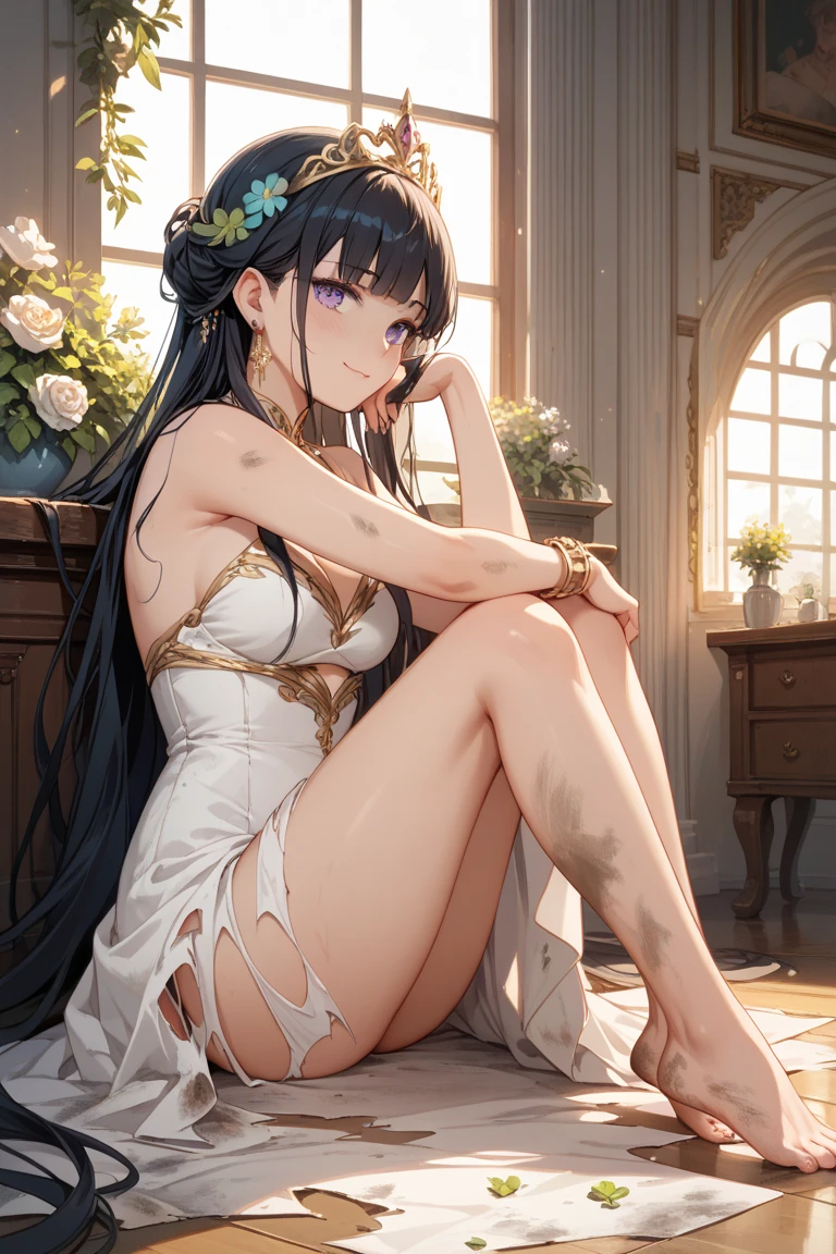 long hair, black hair, medium breast, slim legs, nervous, white gown, cleavage, arabian belly dancer , skirt, rin tohsaka, twin tail, navel, garden, night, laying down, blue eyes, tiara