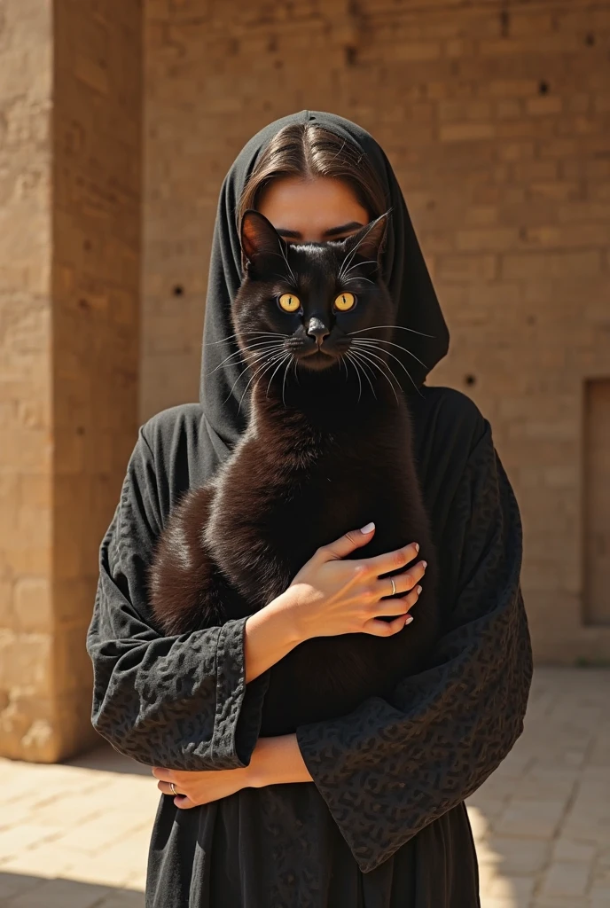 Girl in black hijab with black cat with green eyes on his lap