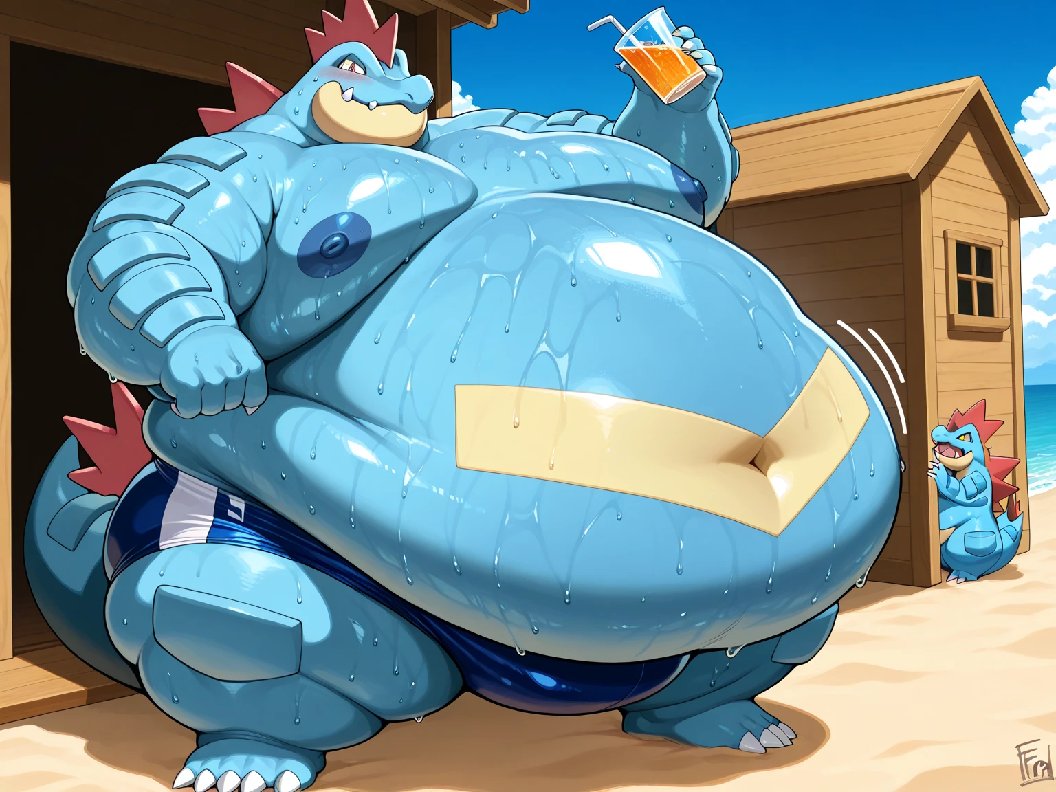 Big buff dark blue cartoon alligator with a ginormously oversized inflated dark blue stomach, deep blue, red eyes, big bellybutton, dark blue back, Black spiky tank top overhanging on top of his huge stomach, green necklace with dragon tooth, concerned look on his face, high pink blushing, spiky beige mohawk hairline, red arm necklace, huge ginormous muscular build with nipples, body hair along his chest and oversized stomach, water dribbling from his muscular body, red lifeguard shorts, sandals, standing on a beach resort in a ready to fart position and farting out a huge enormous light green toxic gas cloud coming out of his tailhole behind him leaving a putrid smell