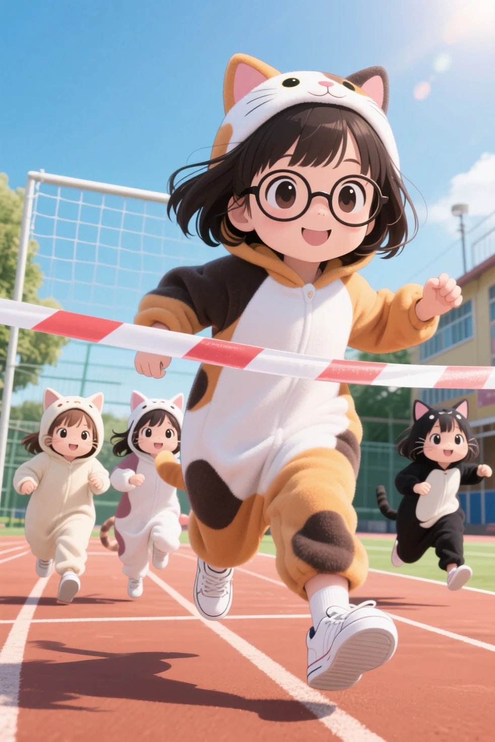 (chibi:1.4),the little girl wearing the calico cat Kigurumi and the little girls wearing the various cat Kigurumi seem to enjoy knowing、the girl with the calico cat Kigurumi has round glasses、dark haired、Bangs cut above her eyebrows、white sneakers、runs at the head to cut the goal tape、The location is elementary school ground、 Sunny、the kittens are running together