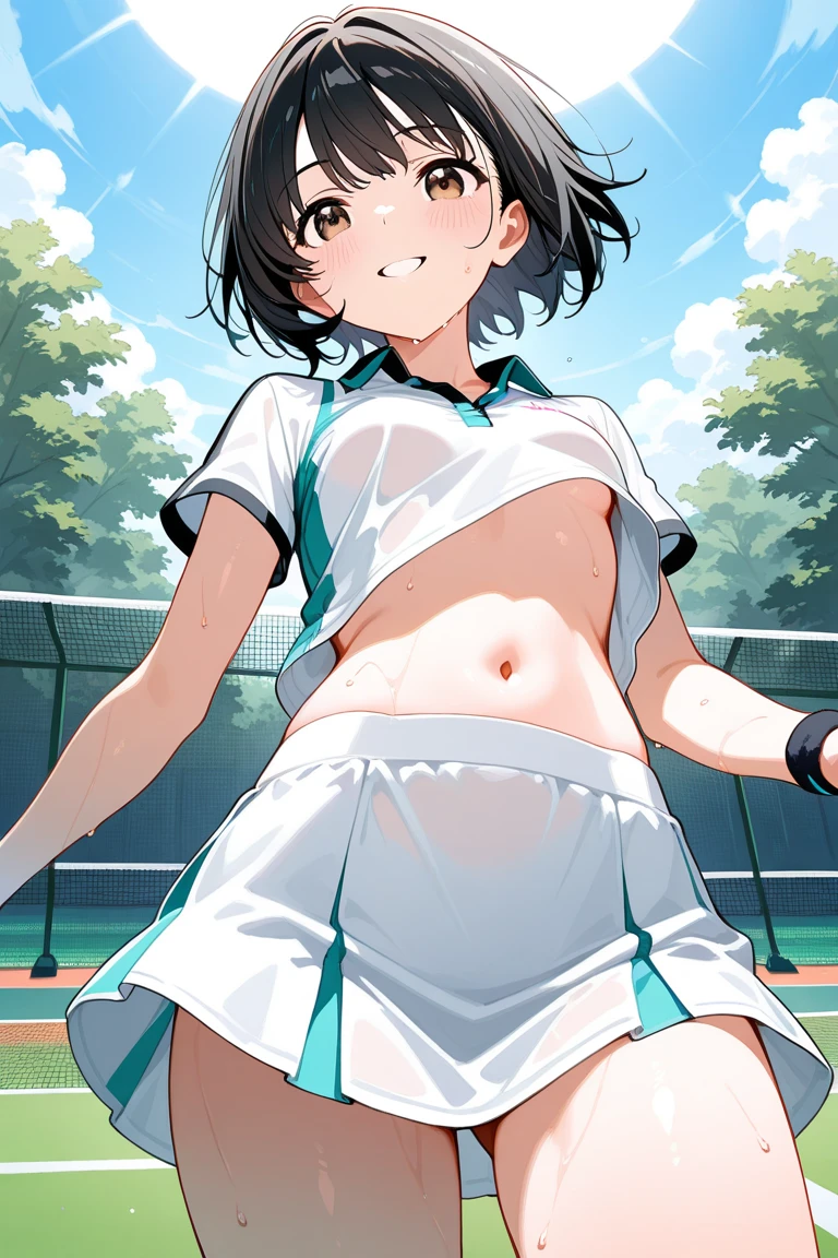 Rain, park, black shorts, small breasts, erect nipples, white sleeveless shirt, black stockings, black tennis shoes, one leg on the head