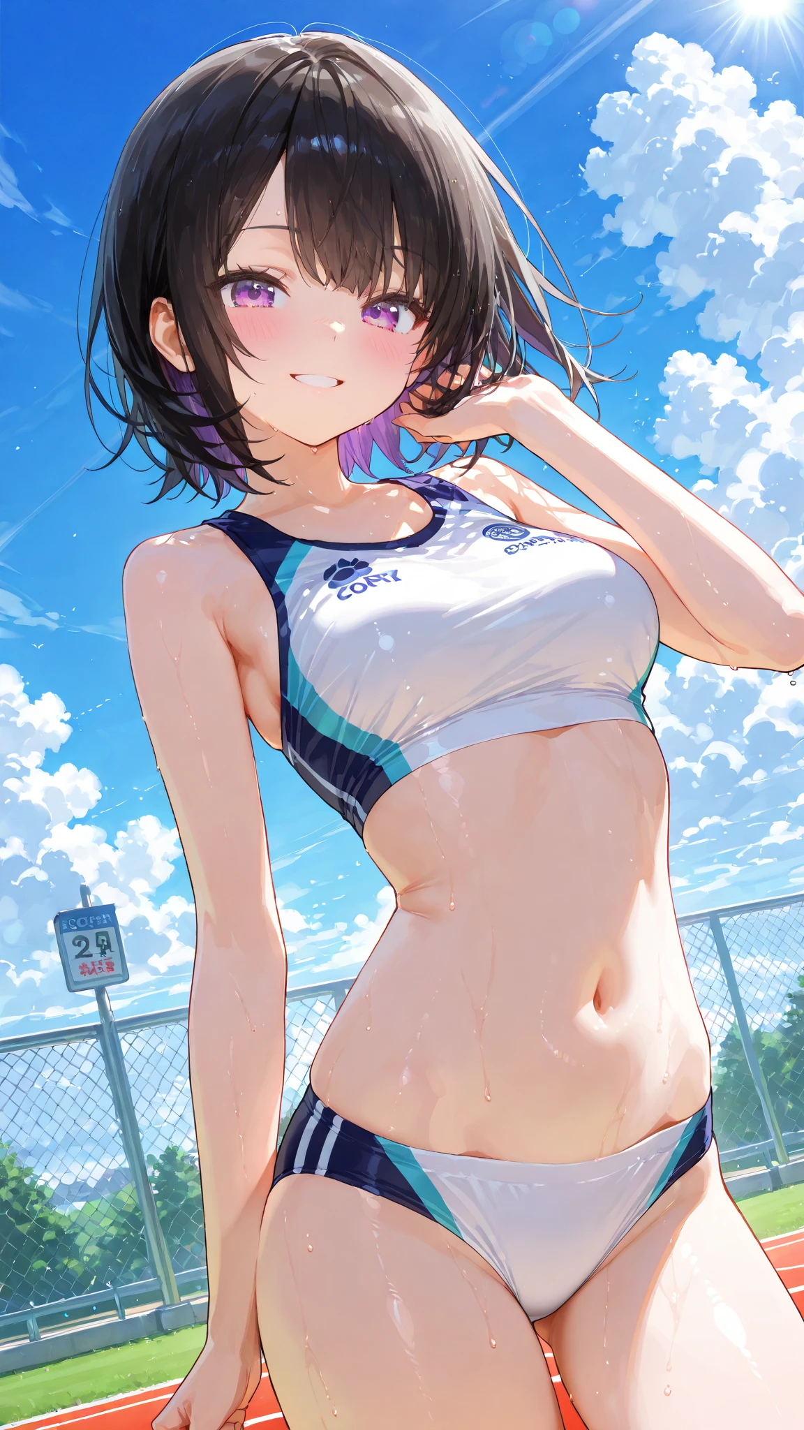 (Best quality, 8k, 32k, Masterpiece, UHD,:1.2),RAW, human, 1girl,ultra cute , ultra cute, natural lighting,transparent shining eyes, 20yo,medium breast ,femur, fair complexion , flushed face, absurdres, delicate girl, cowboy shot, (thighs, from below:1.3), shiny skin, (track uniforms, sportswear, sports bras, sports bikinis:1.3), rikujou, track and field, short hair, HDR, sharp focus,highest detailed, extreme detailed, ultra detailed, finely detail, detailed eyes and face, (smile:0.8), (bokeh background:1.2)