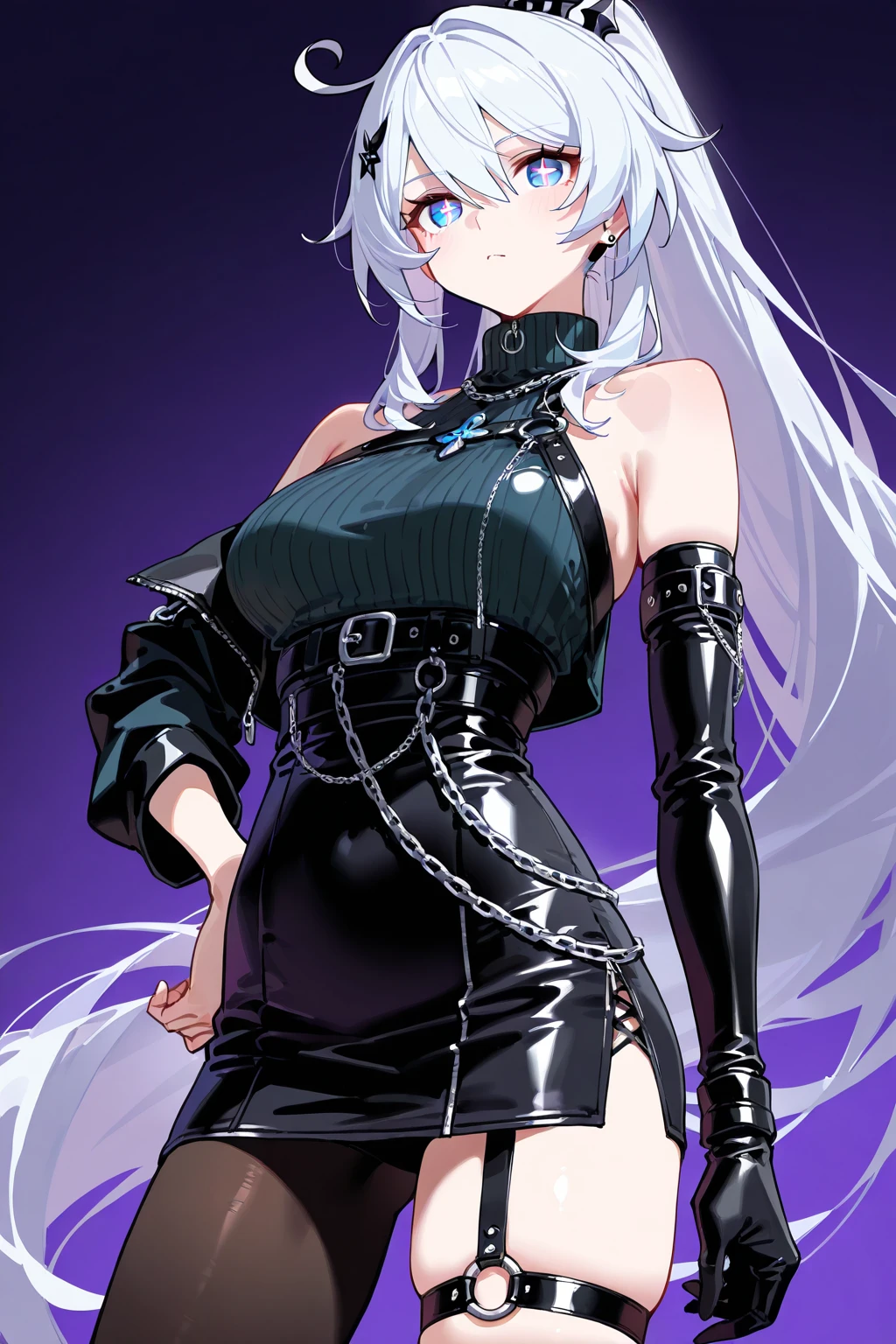 (Photorealistic:1.8, Highest quality:1.8,8K Masterpiece:1.8、Super detailed、Ultra-high resolution、Detailed Background)、((Flat Color))、((colorful))、Multicolored lighting、((Floating colorful water))、Blue background、
Bound Queen、Random Pause、(Chained、Golden Chain、Chained to the body、Chained first round、handcuffs)、Random Sexy Poses、Turn around、Angle from behind、
(Medium Hair、Silver Hair、hair ornaments、choker)、(bondage、Mini Dress、choker、Knee-high stockings、garter belt、White biting panties）、Beautiful hip line、TWICE&#39;s Tzuyu&#39; on pause、Beautiful blue eyes、(A rich expression、smile）